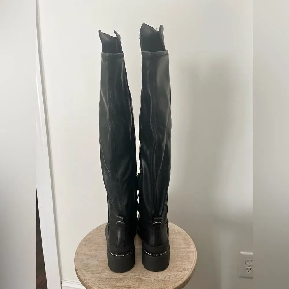 Sam Edelman Lerue Over The Knee Stretch Side Zip Lug Combat Boots Black NWOB